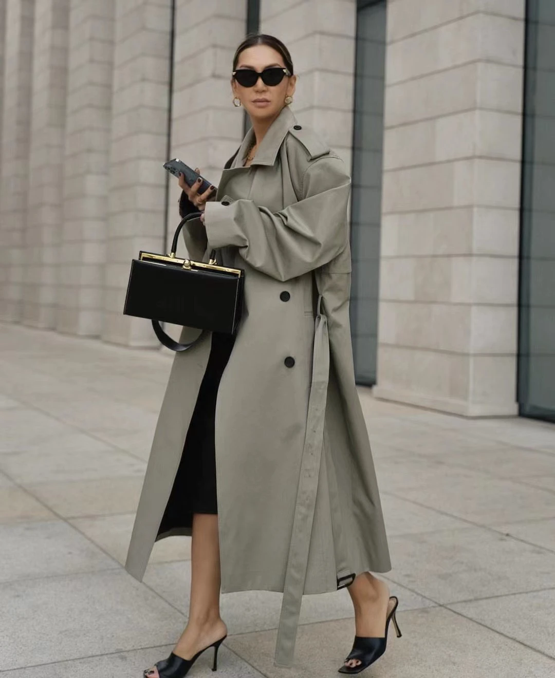 

2022 Autumn/Winter High Street Fashion Women Silhouette Double Row Button Gabardine Long Windbreaker Trench Coat