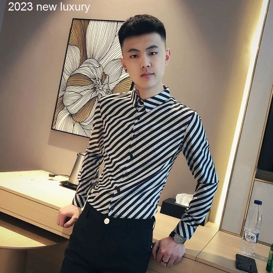 

New 2022 Autumn Korean Fashion Casual Button Down Blouse Men Design Brand Slim Fit Male Tops Long Sleeve Striped Shirts W234