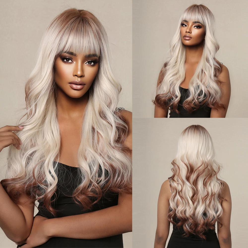 

Long Wavy Synthetic Wigs with Bangs Ombre Platinum Blonde Brown Wigs for Women Daily Cosplay Party Natural Heat Resistant Fiber