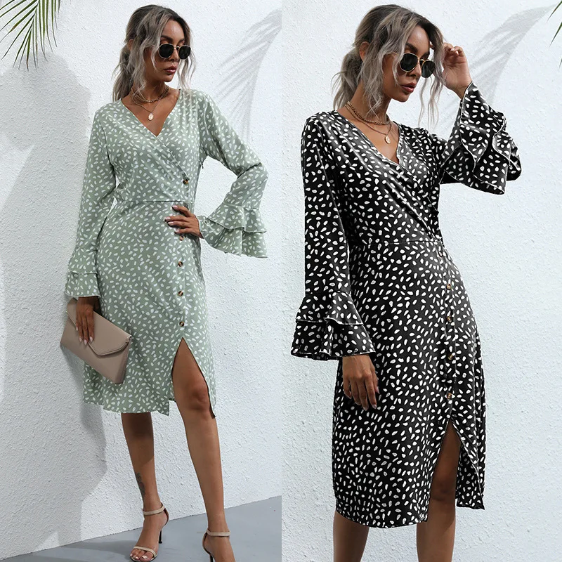 European and American Spring Autumn French Print V-neck Horn Commuter Long-sleeved Split A-line Slim Mid-length Dress Women
European and American Spring Autumn French Print V-neck Horn Commuter Long-sleeved Split A-line Slim Mid-length Dress Women