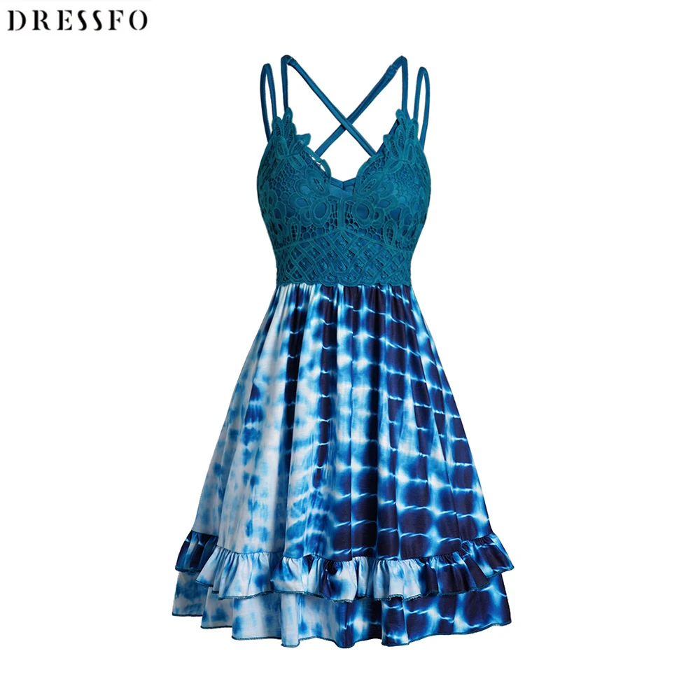 

Dressfo Women Dress Tie Dye Print Mini Dress Guipure Crisscross Adjustable Strap Flounce High Waist Cami Spaghetti Strap Dress