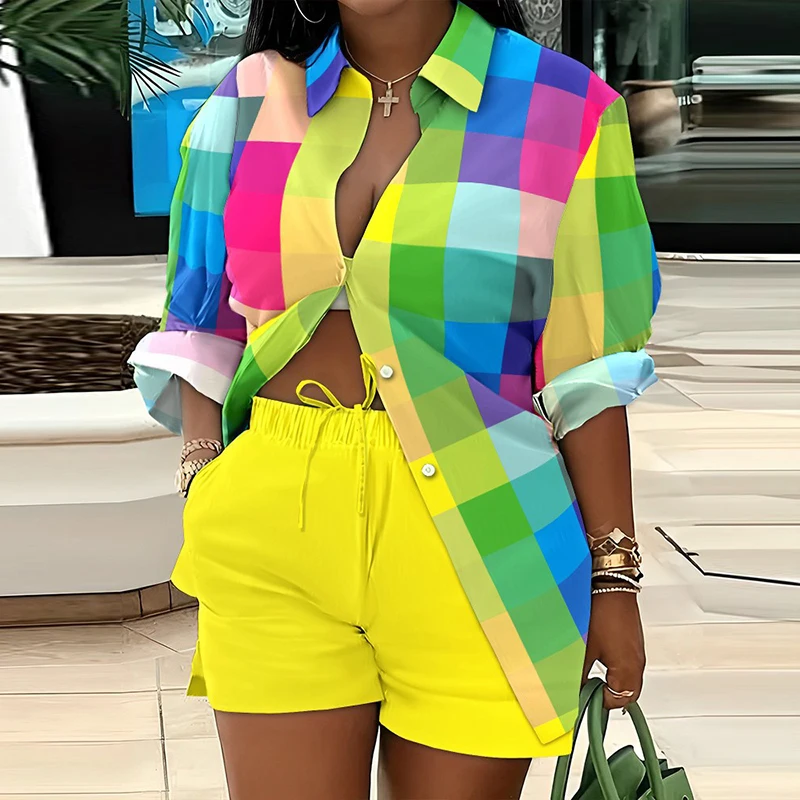Casual Long Sleeve Two Piece Set for Women Print Lapel Buttoned Shirt & Elastic Waist Tie Up Short Sets Streetwear Clothes Lady
Casual Long Sleeve Two Piece Set for Women Print Lapel Buttoned Shirt & Elastic Waist Tie Up Short Sets Streetwear Clothes Lady