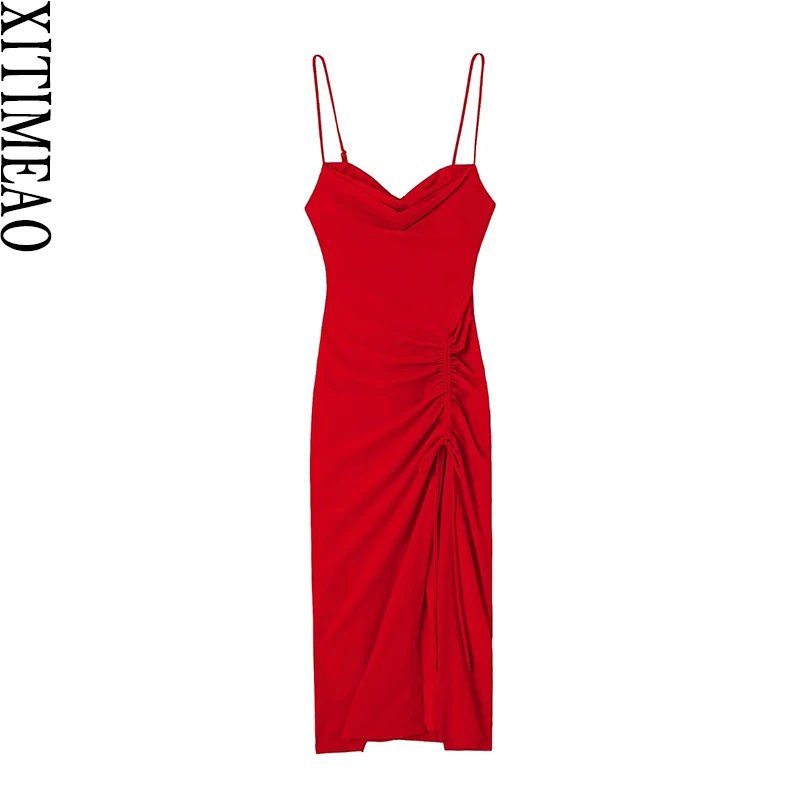 Xitimeao женское модное с завязками ДРАПИРОВАННОЕ миди платье винтажное с открытой спиной на молнии тонкие бретельки женские красные платья Vestidos Mujer 
Xitimeao женское модное с завязками ДРАПИРОВАННОЕ миди платье винтажное с открытой спиной на молнии тонкие бретельки женские красные платья Vestidos Mujer