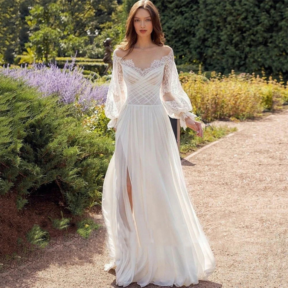 Сексуальное кружевное свадебное платье в стиле бохо с V-образным вырезом, открытыми плечами, рукавами-фонариками, шифоновое богемное платье с пуговицами 
Сексуальное кружевное свадебное платье в стиле бохо с V-образным вырезом, открытыми плечами, рукавами-фонариками, шифоновое богемное платье с пуговицами