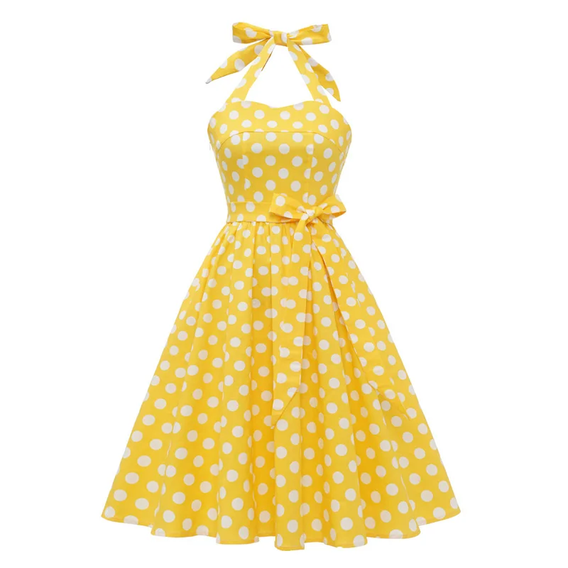

Yellow Polka Dot 1950s Vintage Swing Halter Dress Summer Bandage Belt Pleated Dresses for Women Party Pinup Cotton Dress Vestido