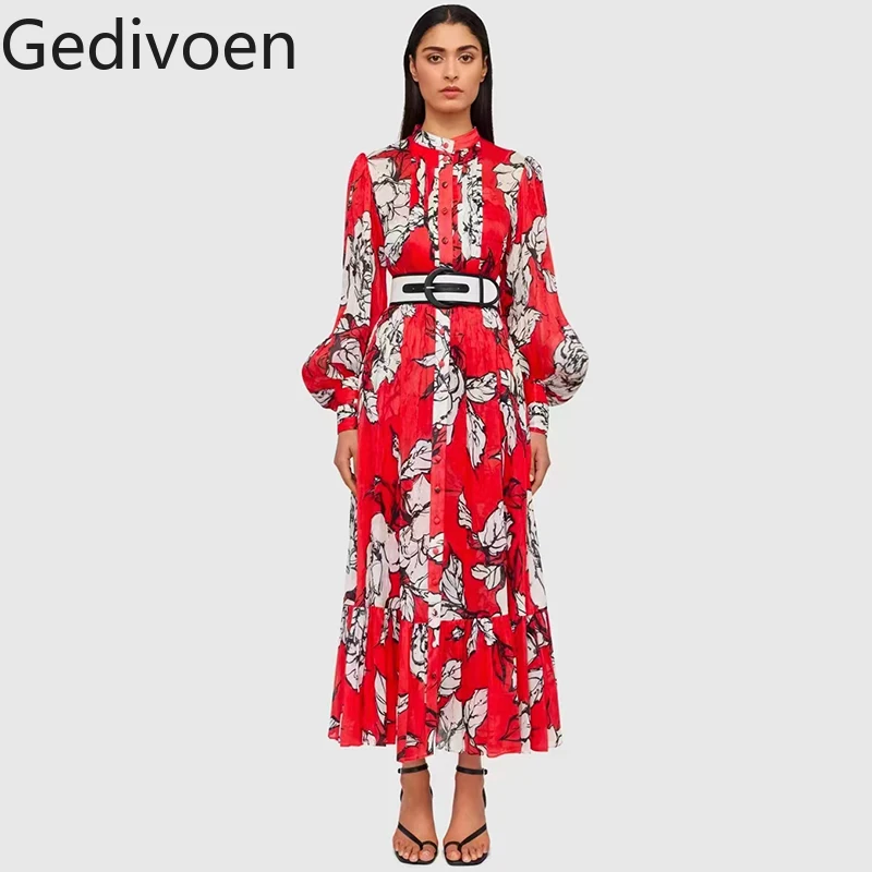 

Gedivoen Fashion Runway dress Autumn Women's Dress stand collar Single-breasted Sashes Floral print Red Elegant Vacation Dresses