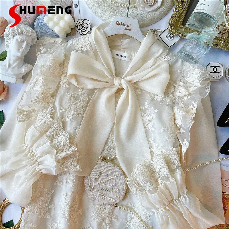 French Romantic Palace Style Fashionable Bow Lace Blouse Flower Embroidered Tops for Women Long Sleeve Bottoming Shirt
French Romantic Palace Style Fashionable Bow Lace Blouse Flower Embroidered Tops for Women Long Sleeve Bottoming Shirt