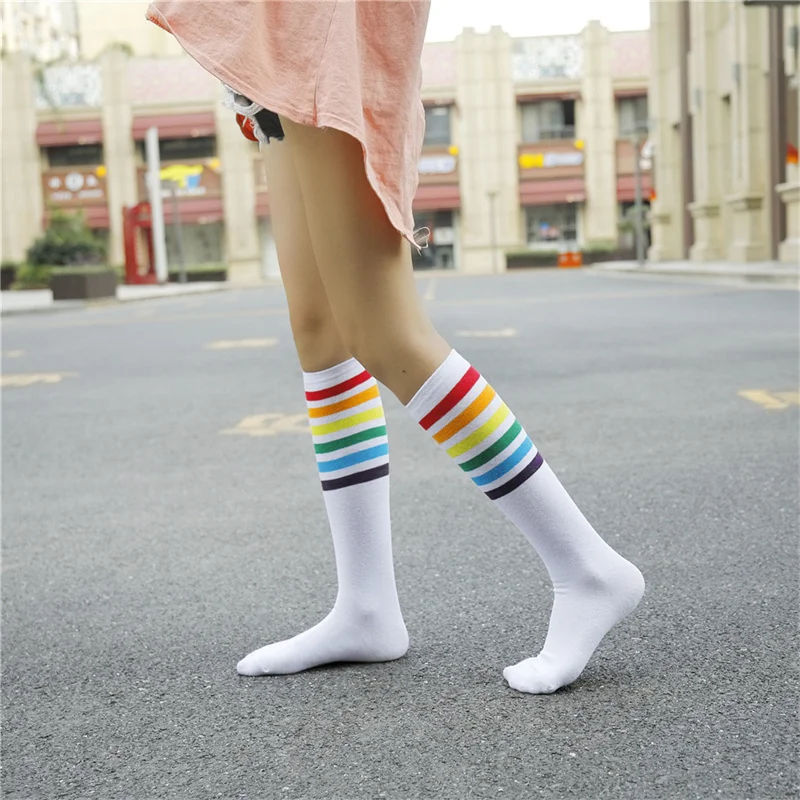 

Multicolor Stripes Cotton Sexy Womens Long Rainbow Socks Student Style Party Street Dancing Knee Sock