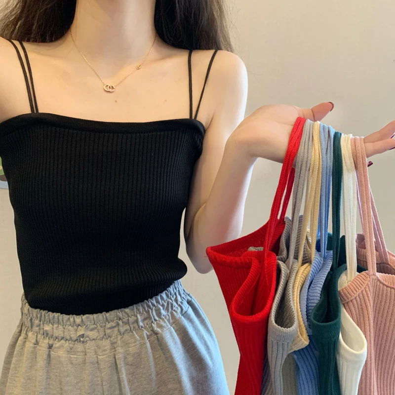 Spaghetti Strap Camis Tops Slim Sexy Slash Neck Knitted Shirts Casual Sweet Elegant Sleeveless Solid 8 Colors Summer Tops
Spaghetti Strap Camis Tops Slim Sexy Slash Neck Knitted Shirts Casual Sweet Elegant Sleeveless Solid 8 Colors Summer Tops