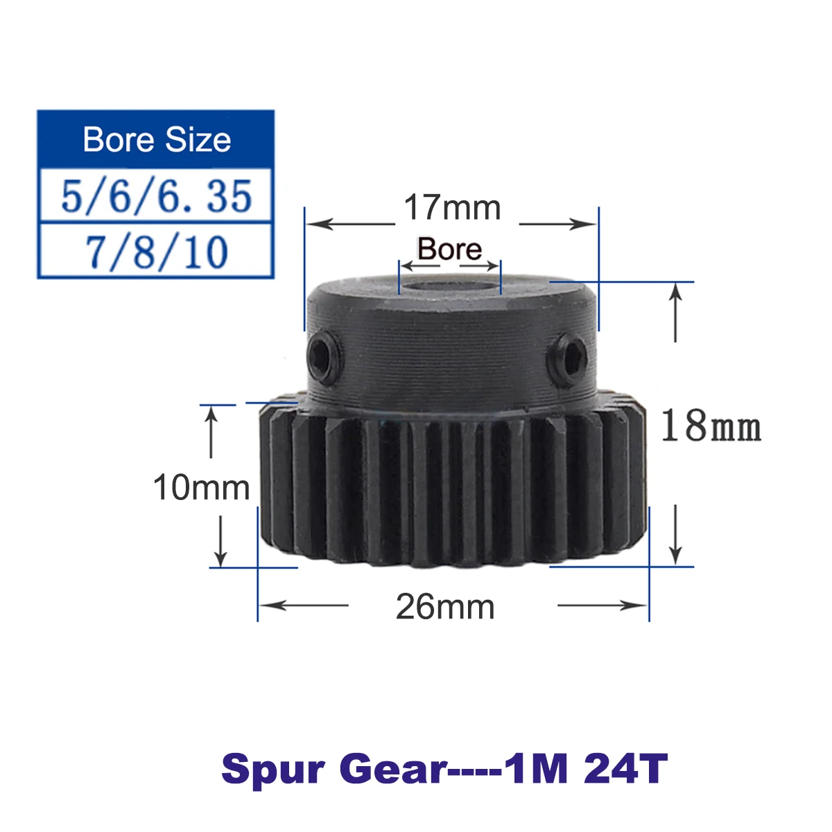 Spur Gear 1M 24T Motor Gears Metal Pinion Bore Size 5/6/6.35/7/8/10 mm SC45# Steel Material Metal Gear for Motor Blackening
Spur Gear 1M 24T Motor Gears Metal Pinion Bore Size 5/6/6.35/7/8/10 mm SC45# Steel Material Metal Gear for Motor Blackening