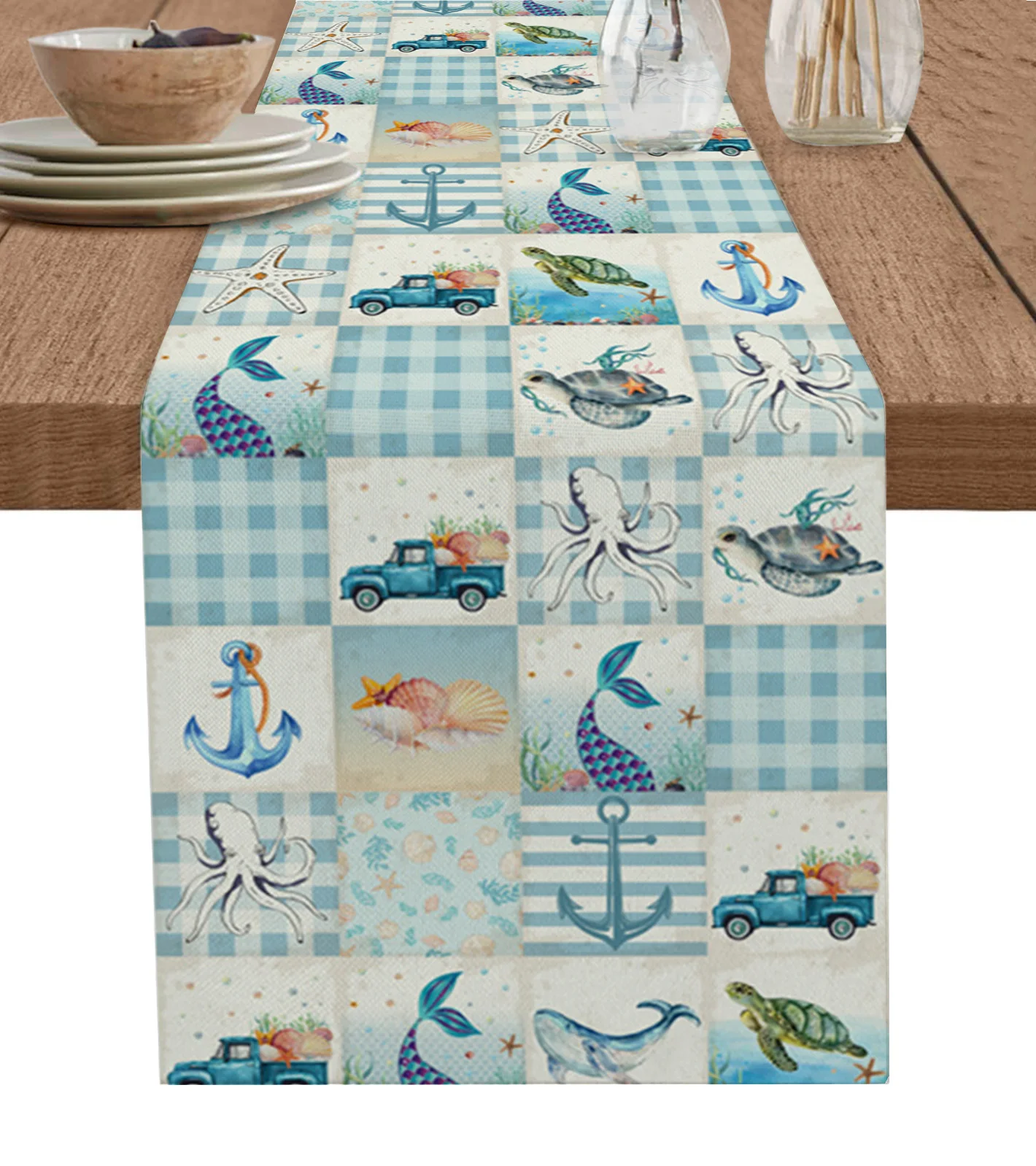 

Ocean Stripes Plaid Sea Turtle Starfish Wedding Decoration Table Runner Table Mats Desk Cabinet Cover Tablecloth Home Decor