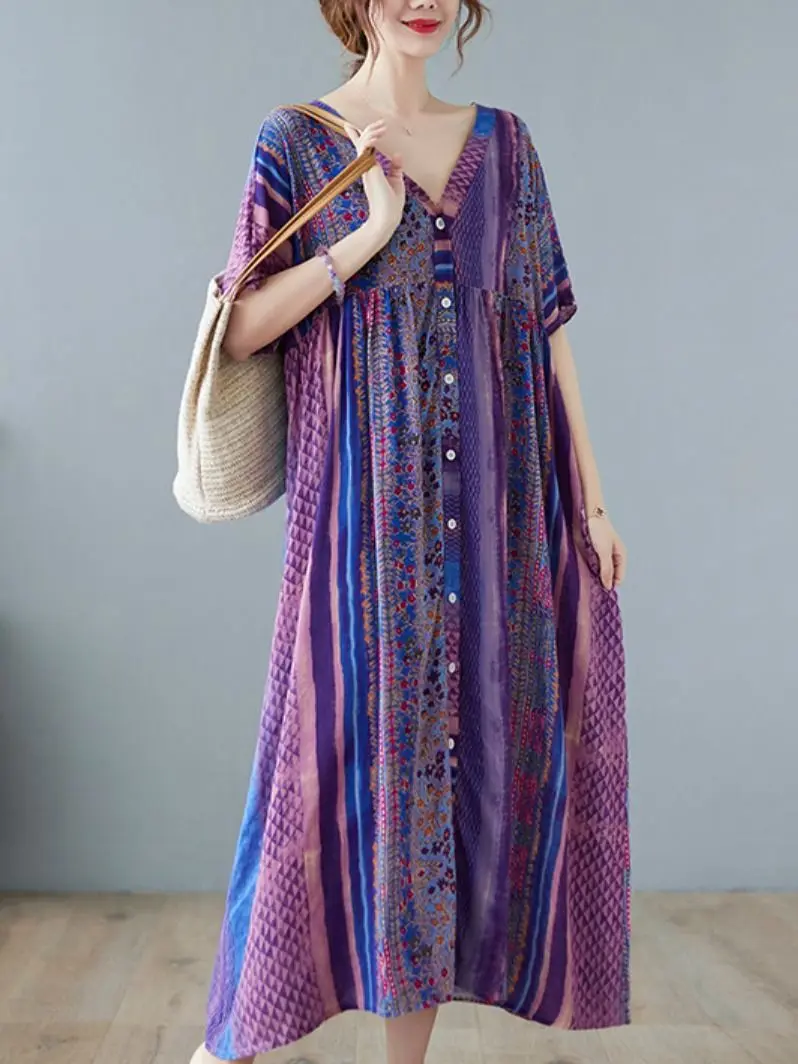 Long Women's Dress Summer Vintage Cotton And Linen Print Short-sleeved Dress Women's High Waist V-neck Temperament Long Dress 
Long Women's Dress Summer Vintage Cotton And Linen Print Short-sleeved Dress Women's High Waist V-neck Temperament Long Dress