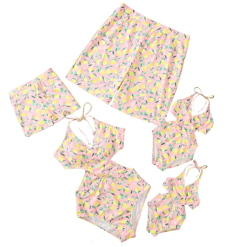 

New Family Matching Outfits Lemon Print Matching Swimsuit Family Look Floral Full Print Multi-color One-piece Matching Swimwear