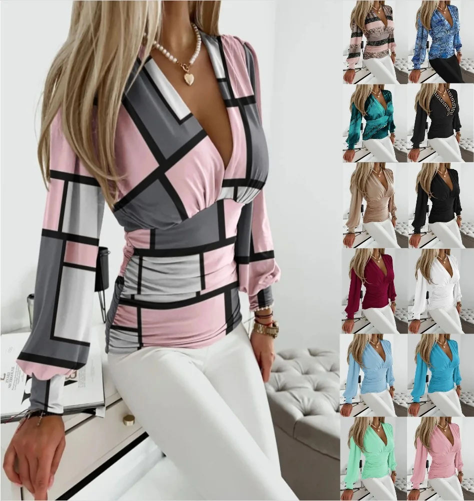 Women Print Folds Shirts Deep V Neck Full Sleeve Tops Pullover Slim Fit Irregular Splice T Shirt Ladies Elegant Autumn
Women Print Folds Shirts Deep V Neck Full Sleeve Tops Pullover Slim Fit Irregular Splice T Shirt Ladies Elegant Autumn