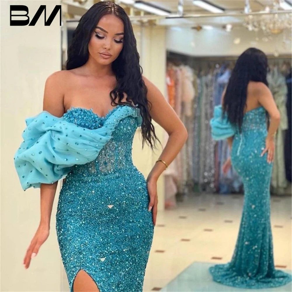 Sequined Crystals Evening Dress Custom Made Side Split Glitter Party Gown Sea Blue Off Shoulder Mermaid Prom Dresses
Sequined Crystals Evening Dress Custom Made Side Split Glitter Party Gown Sea Blue Off Shoulder Mermaid Prom Dresses