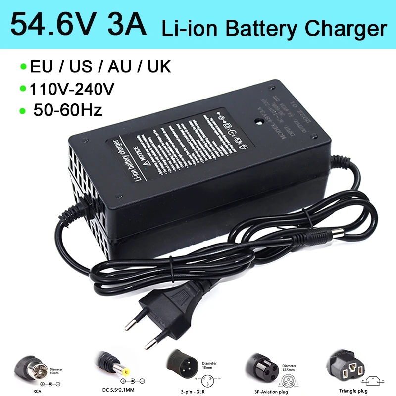 54.6V 3A Charger 13S 48V Li-Ion Battery Charger Output RCA/DC /XLR/Aviation/Triangle plug 54.6V Li-polymer Battery Smart Charger
54.6V 3A Charger 13S 48V Li-Ion Battery Charger Output RCA/DC /XLR/Aviation/Triangle plug 54.6V Li-polymer Battery Smart Charger
