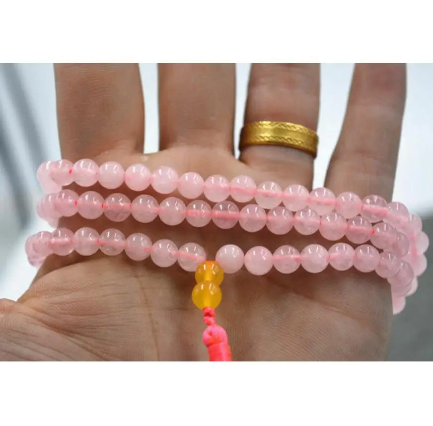 

Fashion jewelry Natural 6mm stone Buddhist Pink quartz 108 Prayer Beads Mala Bracelet Necklace A jade Jewelry cry