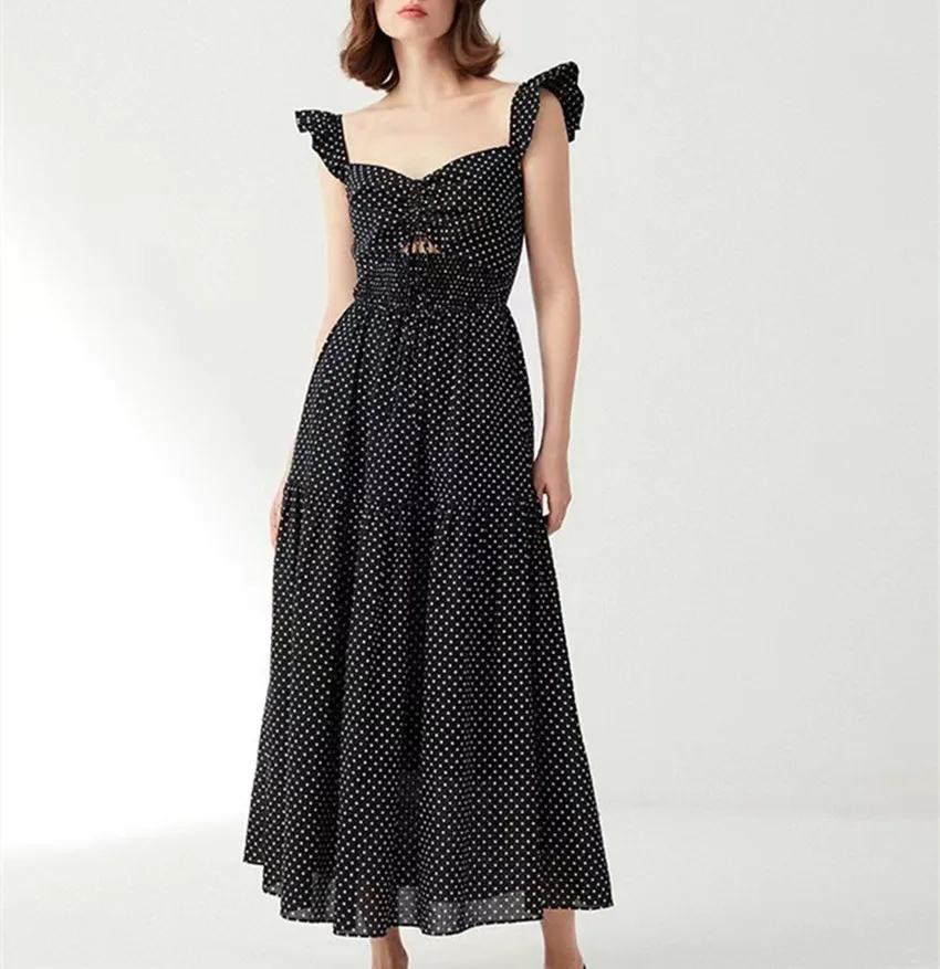 Vintage Women V Neck Wave Point Chiffon Long Dress 2023 New Summer Black Dot Print Drawstring Waist Holiday Beach Maxi Vestidos
Vintage Women V Neck Wave Point Chiffon Long Dress 2023 New Summer Black Dot Print Drawstring Waist Holiday Beach Maxi Vestidos