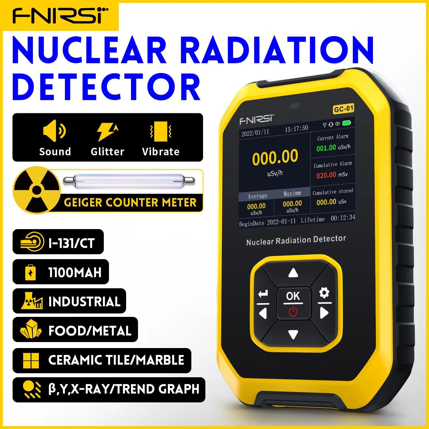 FNIRSI GC-01 Geiger counter Nuclear Radiation Detector Personal Dosimeter X-ray γ-ray β-ray Radioactivity Tester Marble Detector
FNIRSI GC-01 Geiger counter Nuclear Radiation Detector Personal Dosimeter X-ray γ-ray β-ray Radioactivity Tester Marble Detector