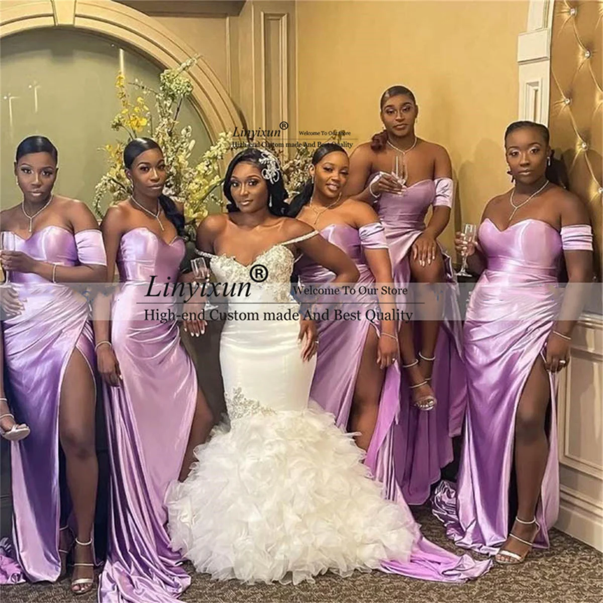 

African Women Lilac Bridesmaid Dresses Sexy Sweetheart Wedding Guest Dress One Shoulder Pleat High Side Slit Maid of Honor Gowns