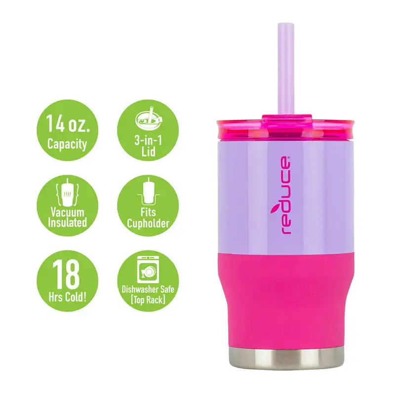 

Sugar Pop 14oz Stainless Steel Kids Tumbler with 3-in-1 Pink & Purple Straw Lid - Perfect for Cold & Hot Drinks.