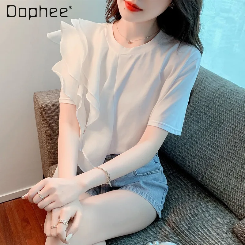Chic Women's Short Sleeve White T-shirt Asymmetric Summer 2022 New Casual O Neck Ruffles Irregular Slim Fit Tees Tops for Women
Chic Women's Short Sleeve White T-shirt Asymmetric Summer 2022 New Casual O Neck Ruffles Irregular Slim Fit Tees Tops for Women