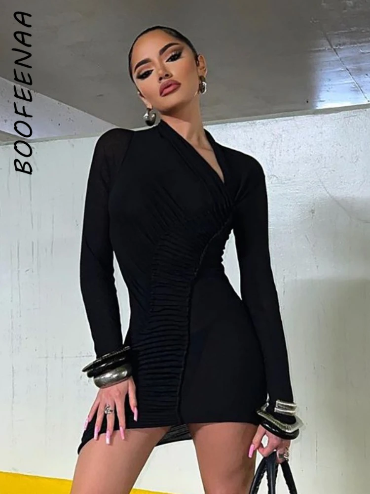 

BOOFEENAA Asymmetrical Ruched Black Dresses for Women 2022 Fashion Sexy Club Outfits Long Sleeve Bodycon Mini Dress C85-CD21