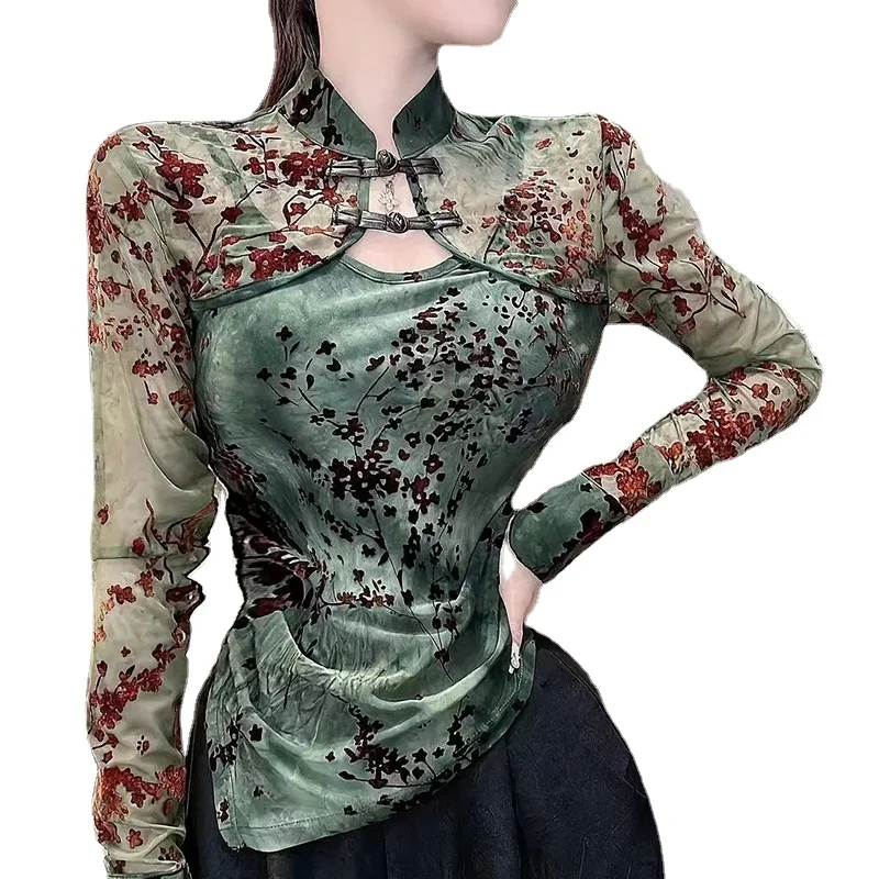 Элегантные облегающие сетчатые футболки с принтом, женские топы в национальном стиле чонсам, осенняя тонкая Сетчатая футболка, Топ 
Элегантные облегающие сетчатые футболки с принтом, женские топы в национальном стиле чонсам, осенняя тонкая Сетчатая футболка, Топ