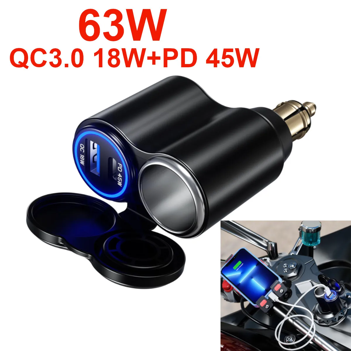 

QC3.0 +PD 3 in 1 Car Cigarette Lighter Power Adapter 12-24V Fast Charger Sockets with LED Light for Truck Boat RV Bus Motorcylce