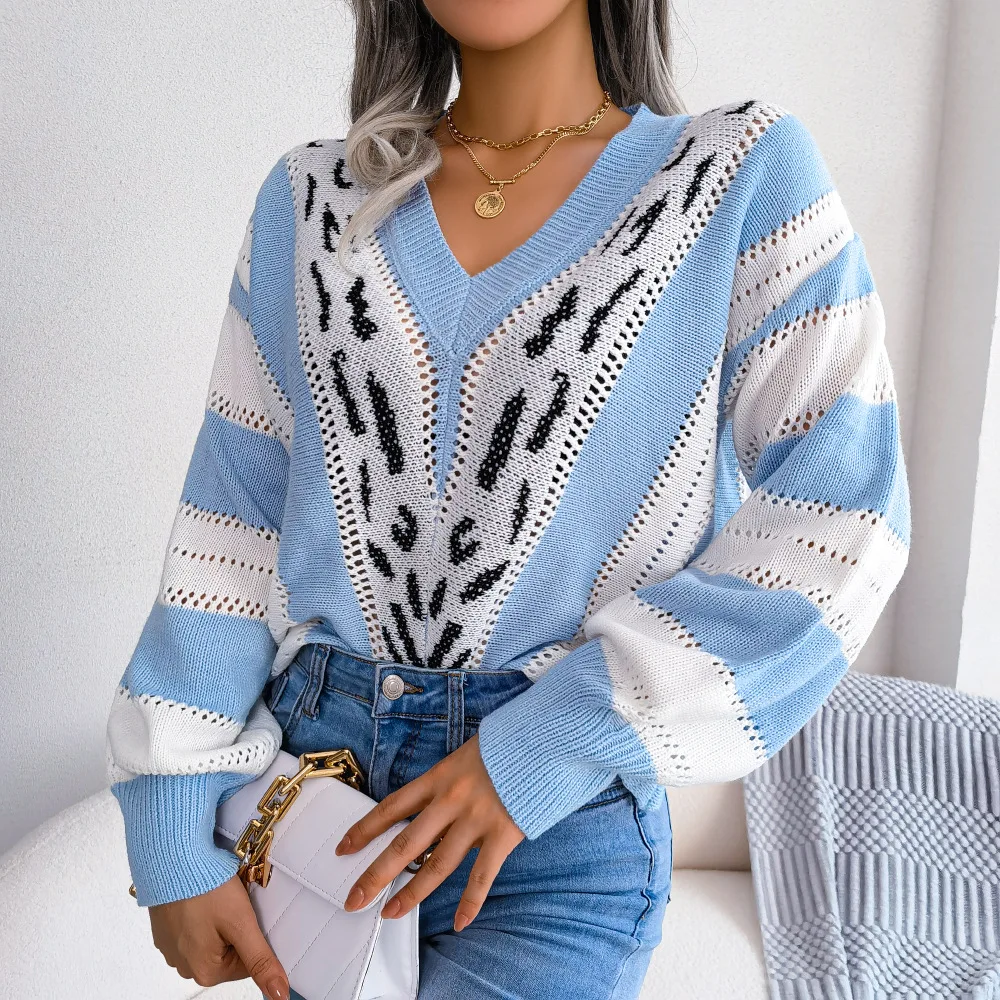 F 2022 New Women Autumn Winter V Neck Contrast Color Leopard Lantern Sleeve Knit Sweater For Ladies Fashion All Match Tops
F 2022 New Women Autumn Winter V Neck Contrast Color Leopard Lantern Sleeve Knit Sweater For Ladies Fashion All Match Tops
