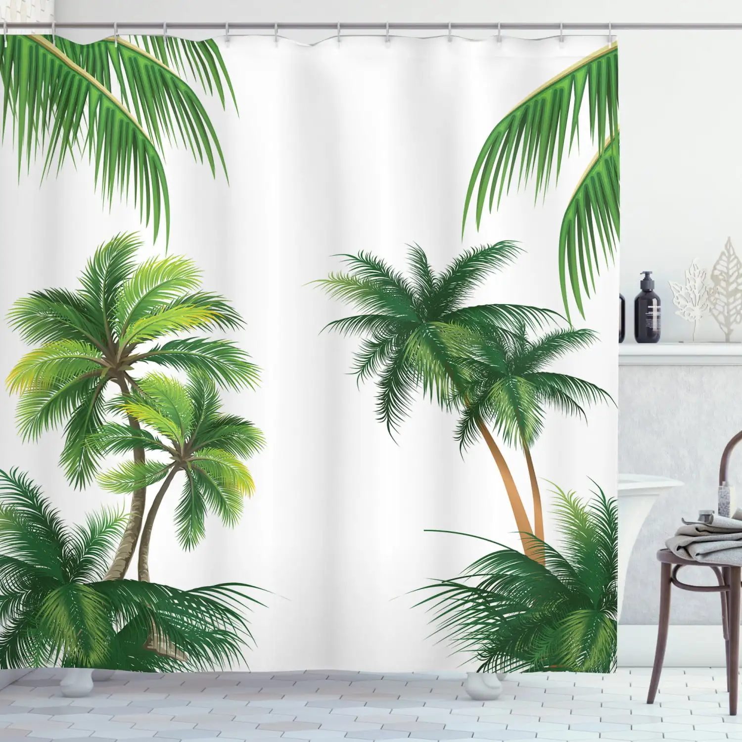 

Tropical Shower Curtain, Coconut Palm Tree Nature Paradise Plants Foliage Leaves Digital Illustration, Fabric Bathroom Set with