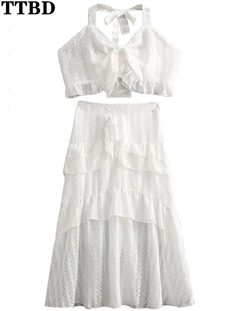 TTBD Women 2022 White french with bow tied backless camis and high waist ruffled midi skirts female two pieces sets mujer
TTBD Women 2022 White french with bow tied backless camis and high waist ruffled midi skirts female two pieces sets mujer