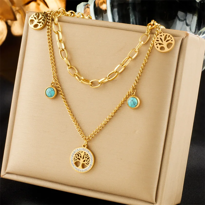 316L Stainless Steel 2-Layer Round Tree Pendant Necklace For Women Fashion Green Stone Choker Chains Jewelry Gift Party
316L Stainless Steel 2-Layer Round Tree Pendant Necklace For Women Fashion Green Stone Choker Chains Jewelry Gift Party