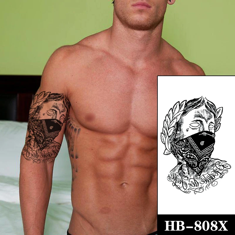 

Sketch Masked Totem Waterproof Temporary Tattoo Stickers English Letters Large Size Body Art Fake Tatto Flash Tatoos Arm for Men