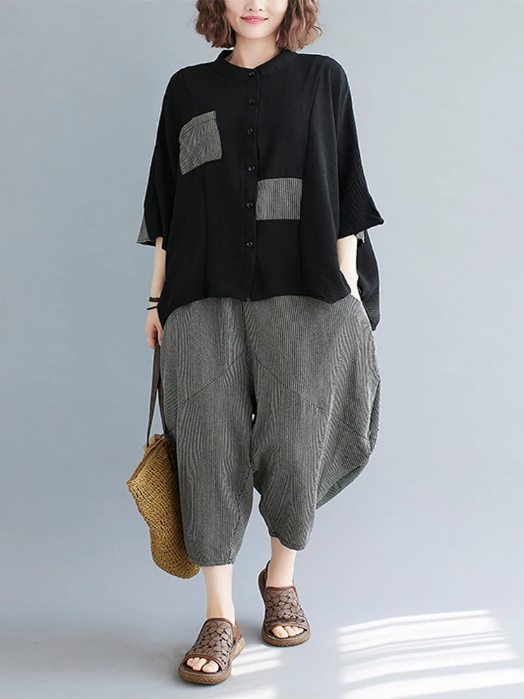 Fashion Suit Summer Loose Two-piece Female Striped Panel Stand Collar Shirt Single-breasted Blouse + Elastic Waist Wide Leg Pant
Fashion Suit Summer Loose Two-piece Female Striped Panel Stand Collar Shirt Single-breasted Blouse + Elastic Waist Wide Leg Pant