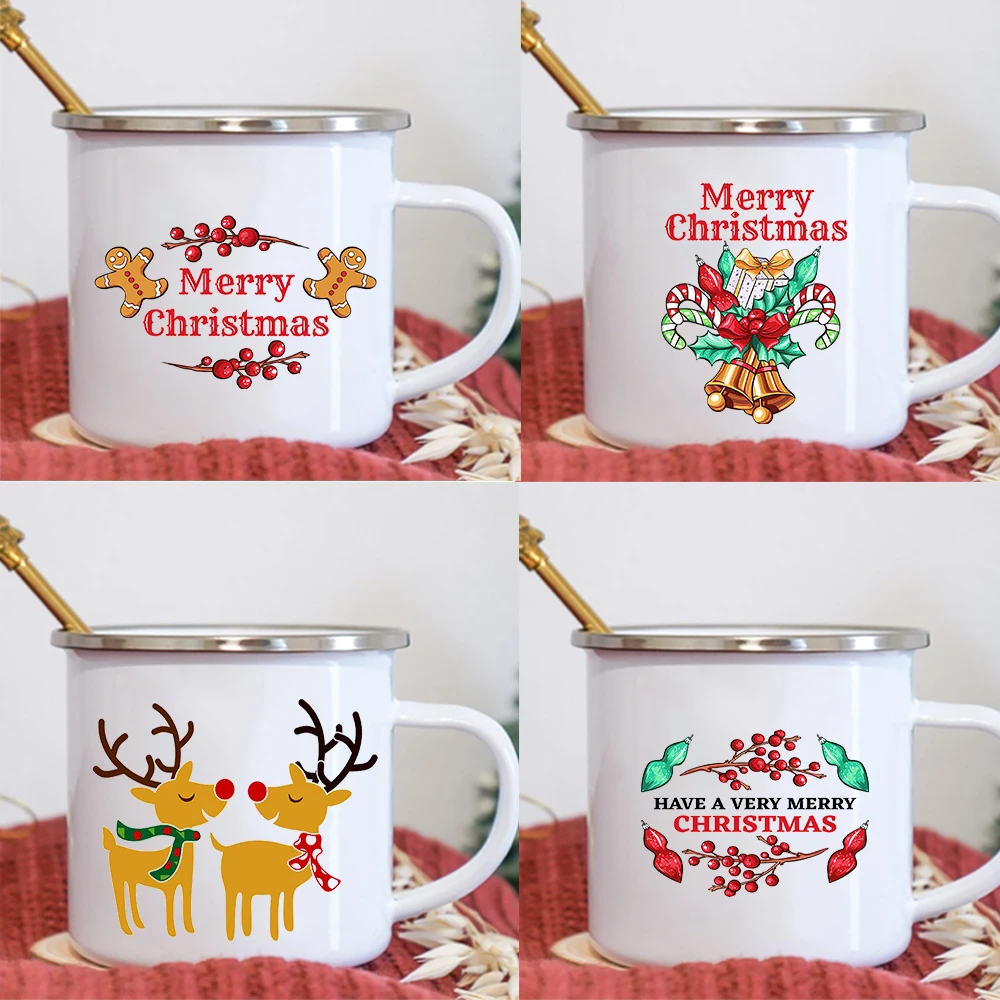 

Kids Enamel Milk oat Mugs Merry Christmas cups Home Party decoration Xmas eve Gift Holly Deer Print Mug Drink Juice Coffee Mugs