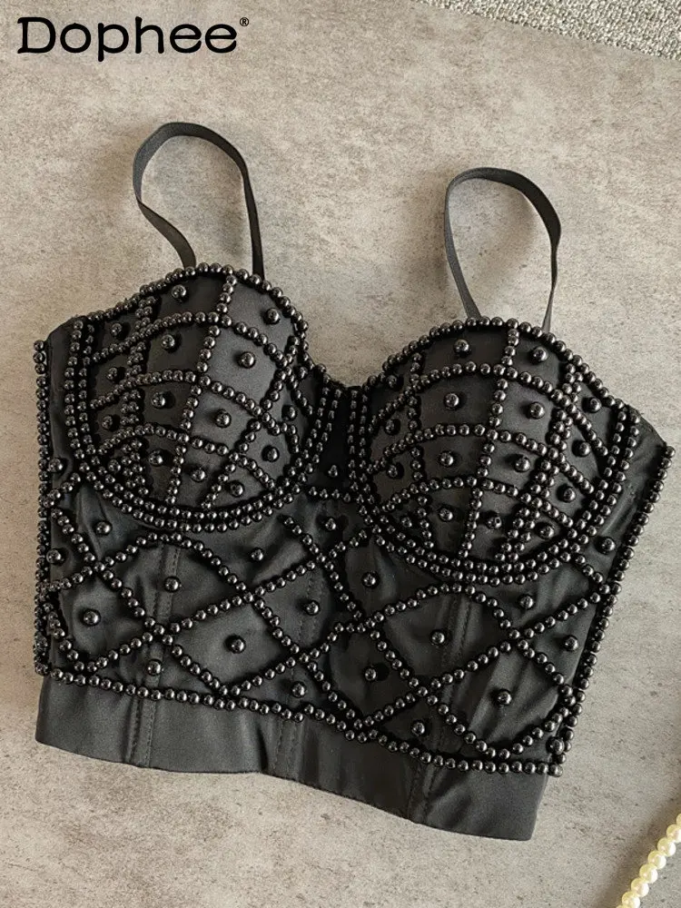 Women Black Sling Fish Bone Pearl Camisole Crop Top Camis New Sexy Fashion Spring Summer 2022
Women Black Sling Fish Bone Pearl Camisole Crop Top Camis New Sexy Fashion Spring Summer 2022