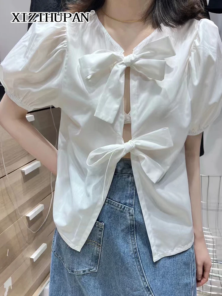 XIZIHUPAN Sweet Patchwork Bowknot Shirt For Women Round Neck Short Puff Sleeve Casual Solid Blouses Female Summer Fashion Style
XIZIHUPAN Sweet Patchwork Bowknot Shirt For Women Round Neck Short Puff Sleeve Casual Solid Blouses Female Summer Fashion Style