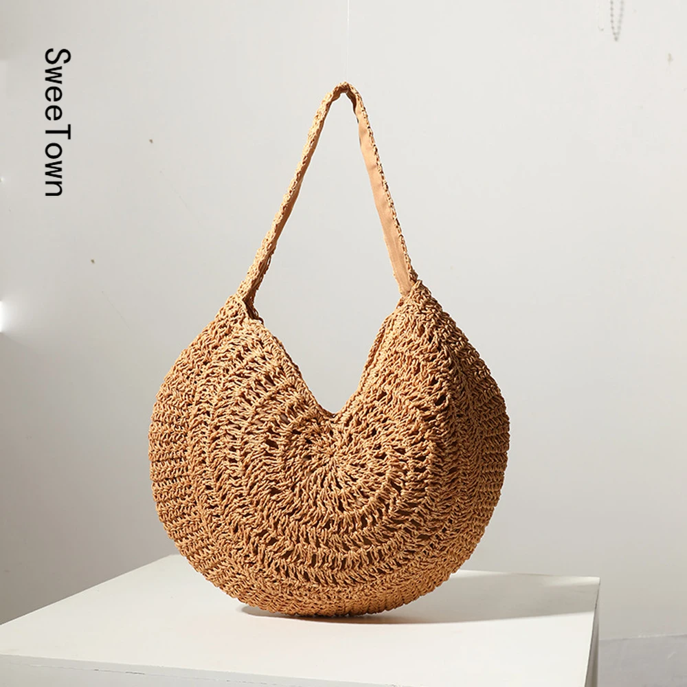 Sweetown Women Casual Summer Beach Bag Handmade Knitted Straw Rattan Tote Bag Large Capacity Shoulder Bags Designer Handbag
Sweetown Women Casual Summer Beach Bag Handmade Knitted Straw Rattan Tote Bag Large Capacity Shoulder Bags Designer Handbag