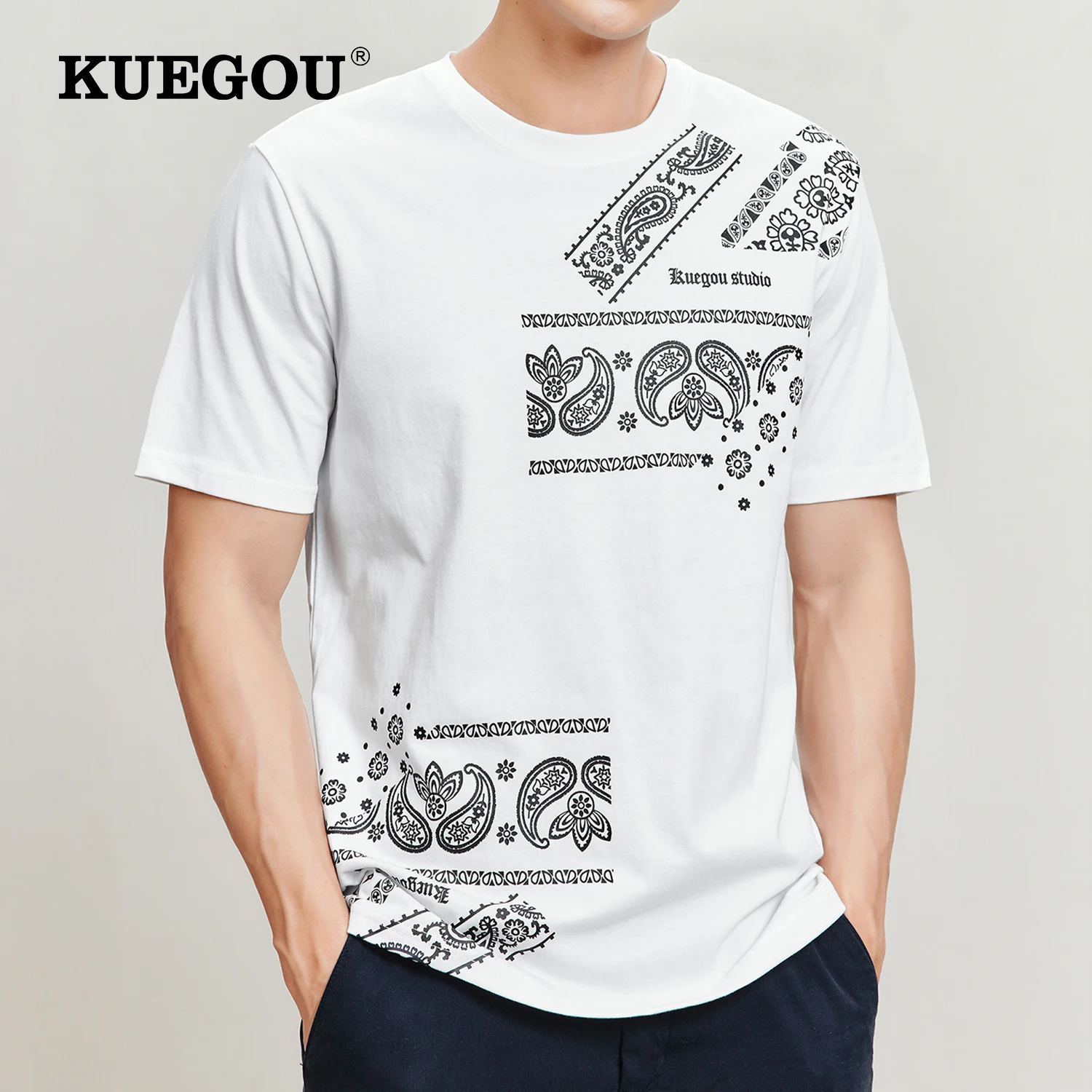 Мужская футболка с коротким рукавом KUEGOU, серая или белая футболка с круглым вырезом, с принтом пейсли, лето 2022
Мужская футболка с коротким рукавом KUEGOU, серая или белая футболка с круглым вырезом, с принтом пейсли, лето 2022
