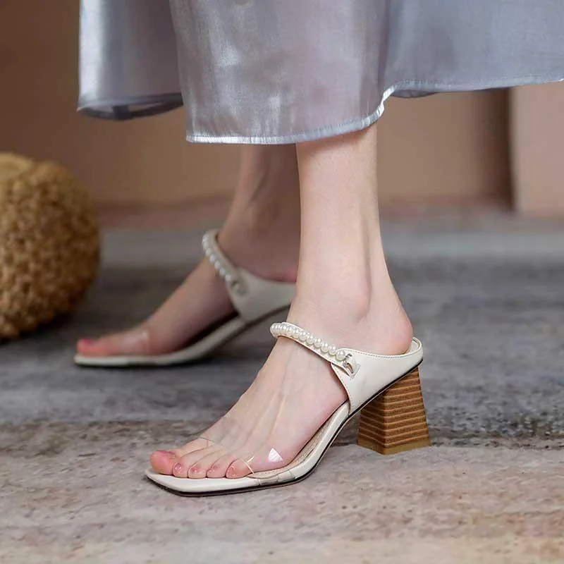 

Vrouw Clear Pvc Sliders Slipper Chunky Hoge Hakken Parels Sandalen Vrouwelijke Holle Slingback Romeinse Schoenen Zomer