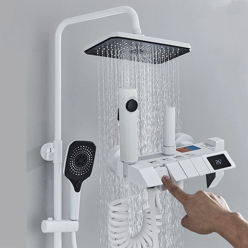 Wall Mount Smart Digital Display Piano Keys Bathroom Shower Faucet 4 Function Brass Rainfall Cold&Hot Water Mixer Bathing Crane
Wall Mount Smart Digital Display Piano Keys Bathroom Shower Faucet 4 Function Brass Rainfall Cold&Hot Water Mixer Bathing Crane