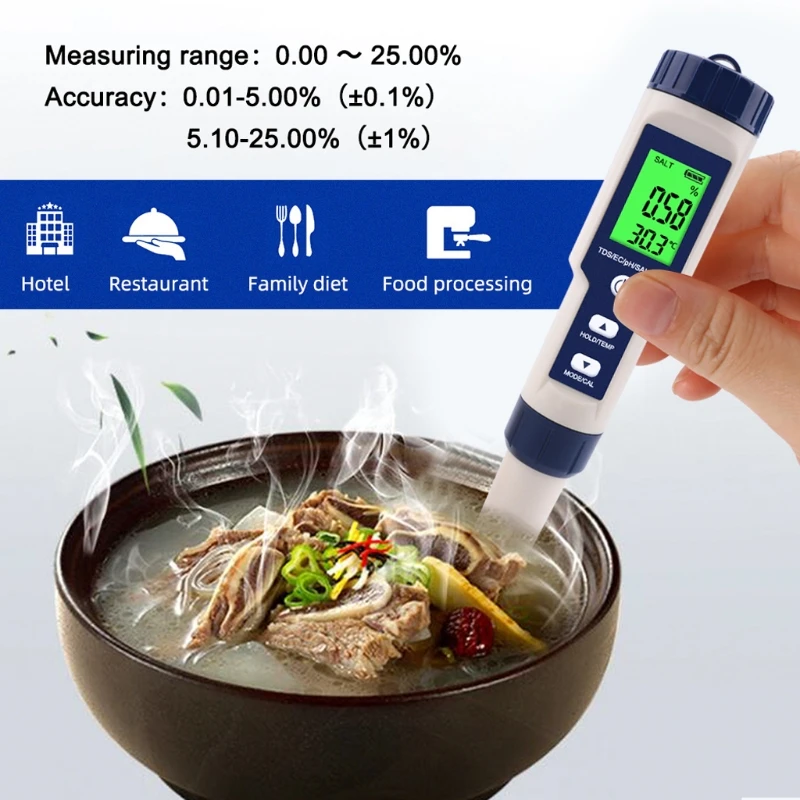 5 in 1 TDS/EC/PH/Salinity/TEMP Water Quality Tester With Electrode Replaceable Can Measured Non-sea Salinity
5 in 1 TDS/EC/PH/Salinity/TEMP Water Quality Tester With Electrode Replaceable Can Measured Non-sea Salinity
