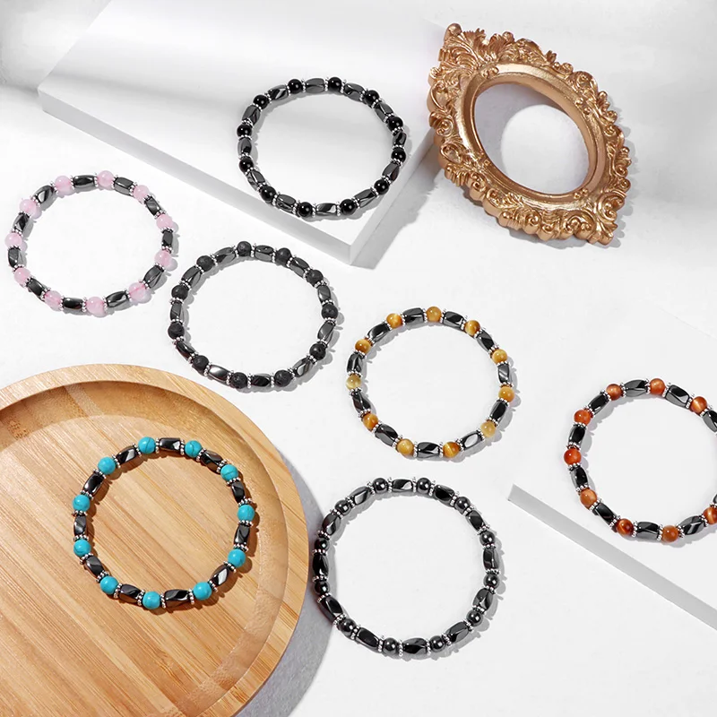 

Healthy Hematite Spacer Beads Bracelet Agat Quartzs Tiger Eye Bracelets Stretch Energy Yoga Bracelet for Men Women Jewelry Gift