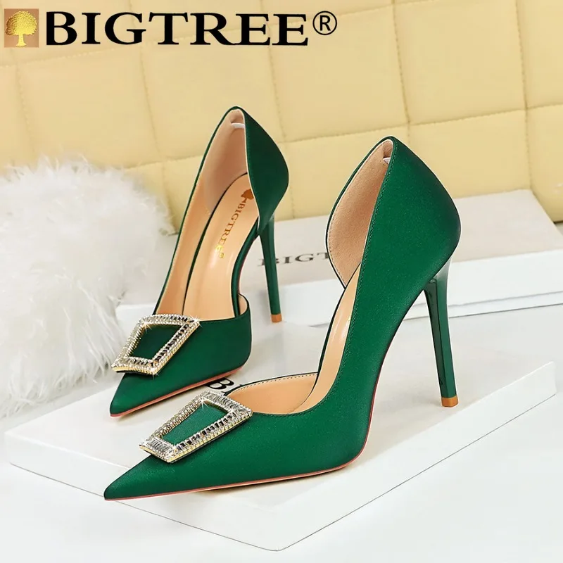 

BIGTREE Women Pumps Dress Ol Office Shoes Square Button Pointed Toe Silk 10.5CM Thin Heels Fashion Office Work Women Shoes black