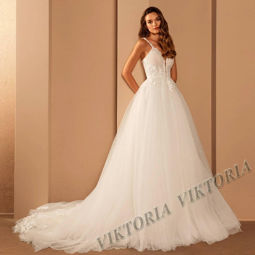 

VIKTORIA Fancy Wedding Dresses Simple Spaghetti Straps For Woman Marriage A-LINE Appliques Tulle Vestidos De Novia Tailor Made