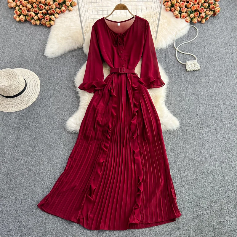 Women Pleated Chiffon Beach Long Dress Spring Autumn Elegant Round Neck Flare Sleeve Draped Ruffle Party Vestido Female New 2022
Women Pleated Chiffon Beach Long Dress Spring Autumn Elegant Round Neck Flare Sleeve Draped Ruffle Party Vestido Female New 2022