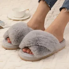 Bebealy Indoor Warm Home Slippers Fluffy Women Cross Band Plush Bedroom Shoes 2023 Winter New Furry Open Toe Cozy Soft Slippers
