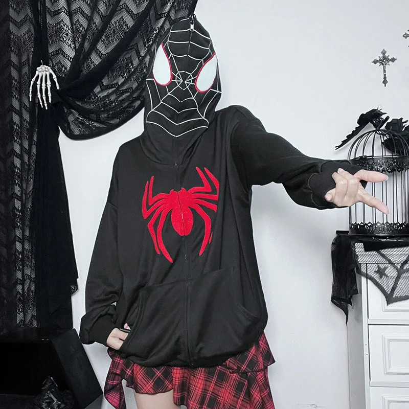 

Goth Dark Spider Web Flocking Mall Gothic Hoodies Zip Up Hooded Grunge Fashion Sweatshirts Women Streetwear Oversize Alt Clothes