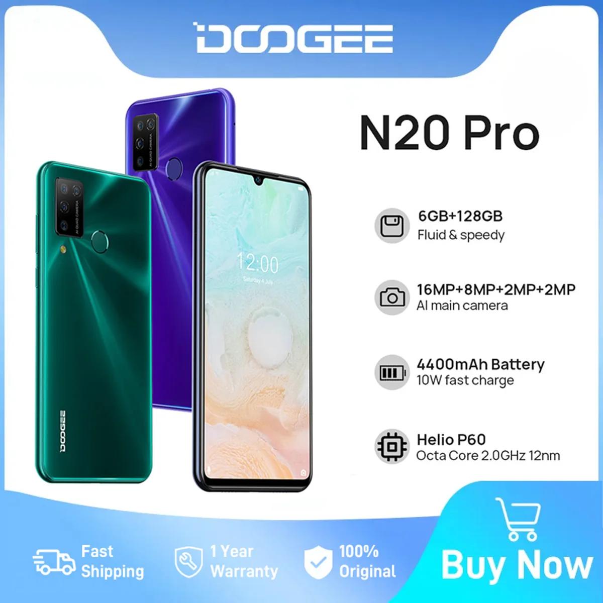 

DOOGEE N20 Pro Helio P60 6GB+128GB 6.3”FHD Waterdrop Display 16MP AI Quad Rear Camera Rear-Mounted Fingerprint Scanner 4400mAh